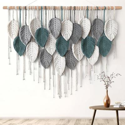 Decoración Boho para el Hogar, Tapiz de Macramé Hoja Pluma Decoración Colgante de Pared para Sala de Estar Dormitorio, Arte de Pared Boho Decoración para el Hogar