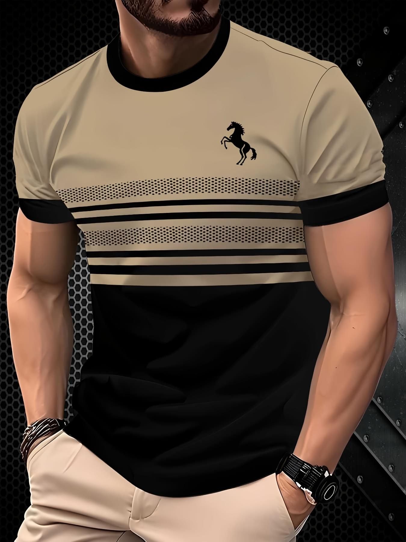 

Мужская футболка в полоску с 3D-принтом лошади, повседневная летняя спортивная одежда, круглый вырез, черно-бело-зеленая S дубильная кора