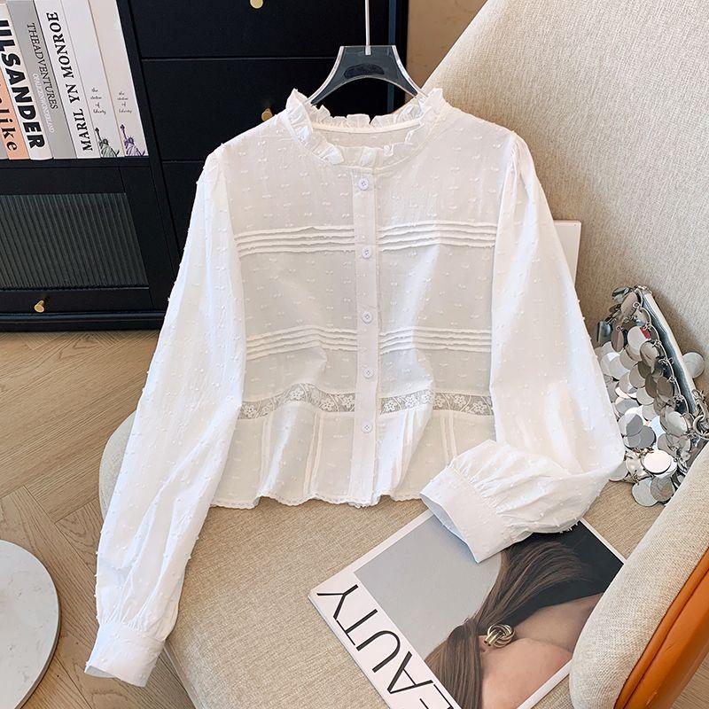 Korean Temperament Unique and Beautiful Lace Blouse with Lace Collar and Jacquard Long Sleeved Shirt Top for Women