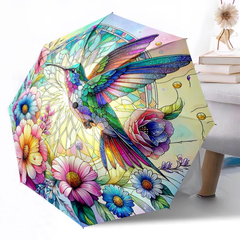 Hummingbirds and Flowers Outdoor Automatic Umbrella Retractable Design with 8-Rib Durability Lightweight Perfect Gift for Friends Family