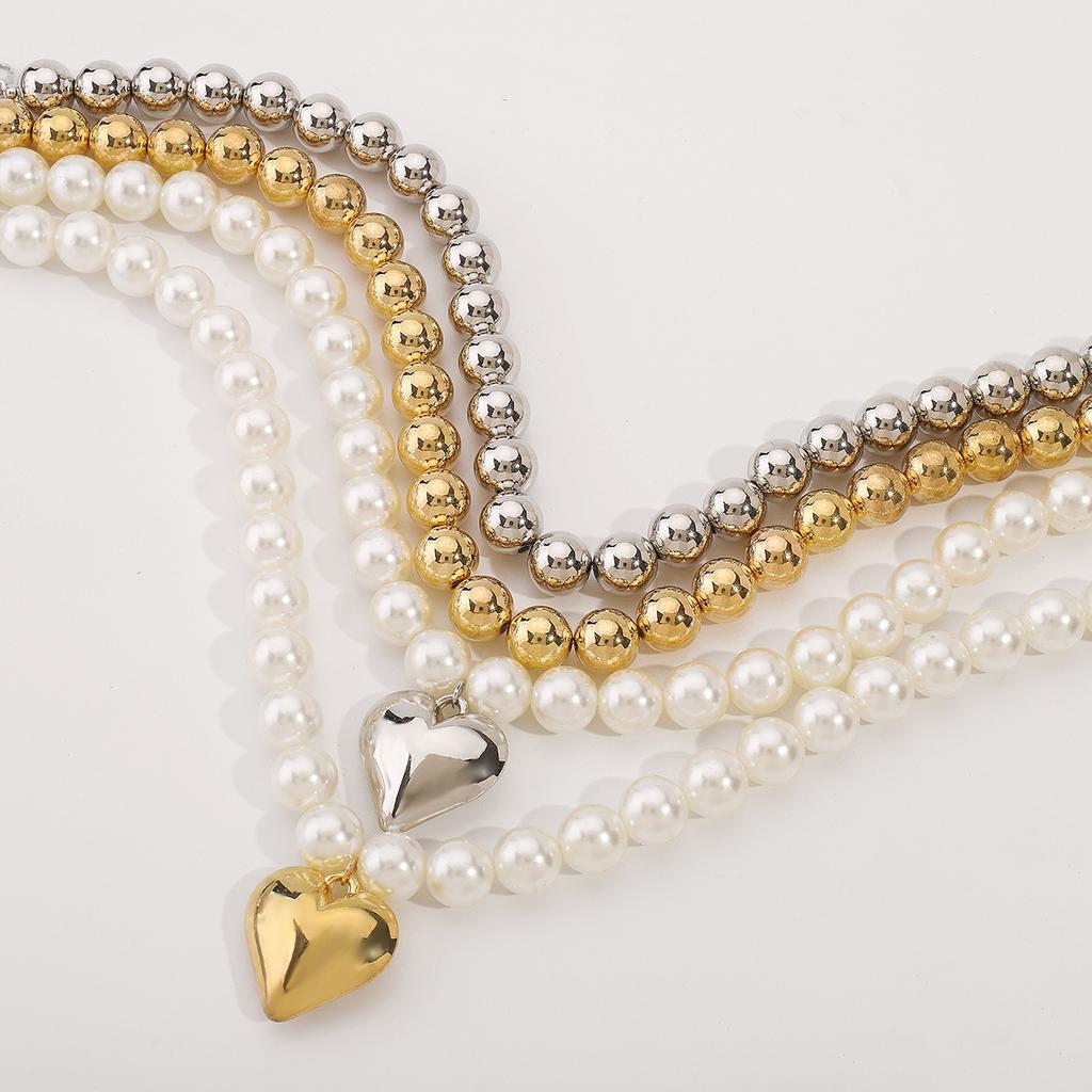 Layered Faux Pearl Necklace Gold-Tone Heart Pendant, Imitation Pearl Zinc Alloy Bead Chain, Statement Stackable Choker For Women Daily Wear & Gifting
