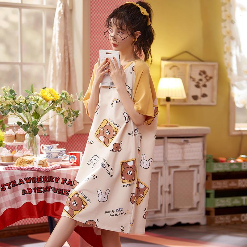 Women's Summer Loose Short-Sleeve Cartoon Nightdress - Cute, Lightweight, Student Style Home Pajamas.