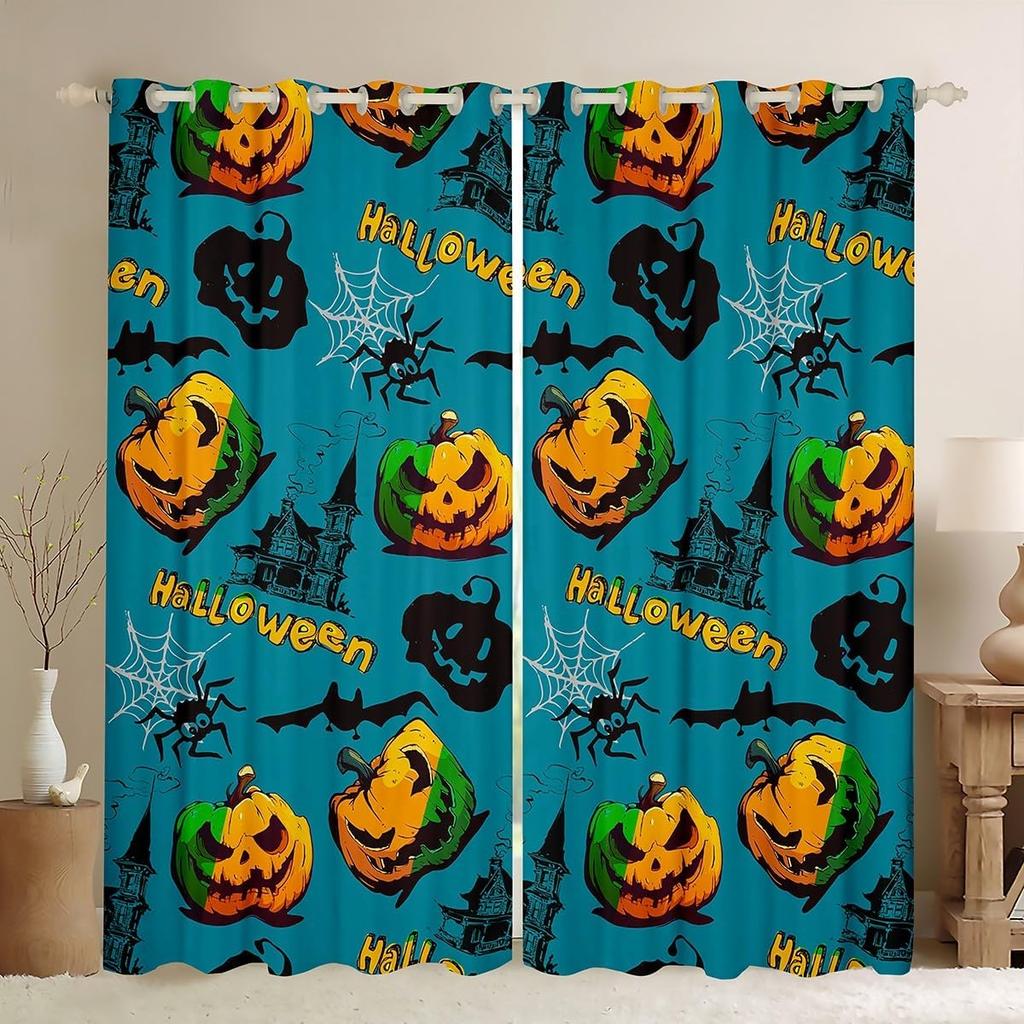 Happy Halloween Curtain Pumpkin Curtains Trick Treat Gothic Night Drapes Horror Cartoon Window Room Darkening Made Of Polyester