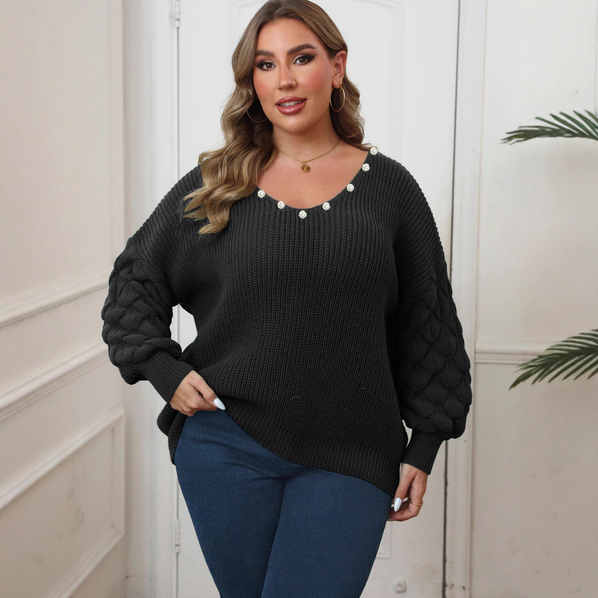 

26/5000 Женский свитер большого размера с рукавами-ананасами и базовым слоем с глубоким V-образным вырезом, и повседневный топ с пэчворком из бисера и жемчуга 3XL чёрный