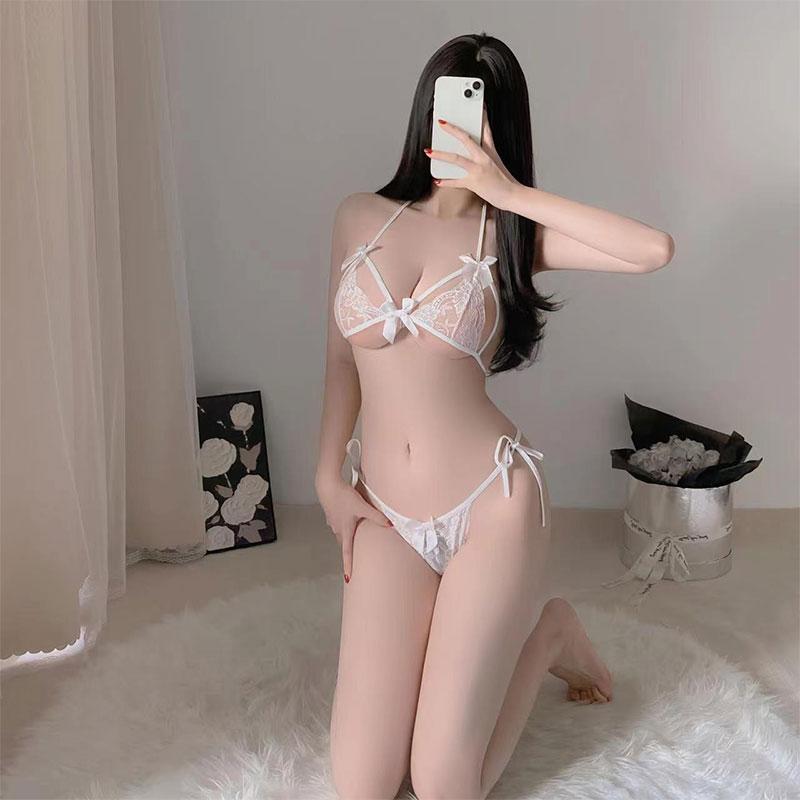New For Women Bow Transparent Two Piece Set Low-cut Lace Bra Panty Lingerie Set Fashion Halter Hollow Out  Sexy Underwear