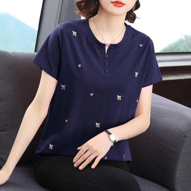 Women's Embroidered Henley Neck T-Shirt Loose Cotton Short Sleeve Casual Top
