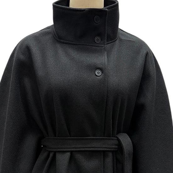 Women's Batwing Sleeve Wool Poncho Coat Stand Collar Cropped Cape Jacket with Belt Fall Winter Short Trench Pea Coat