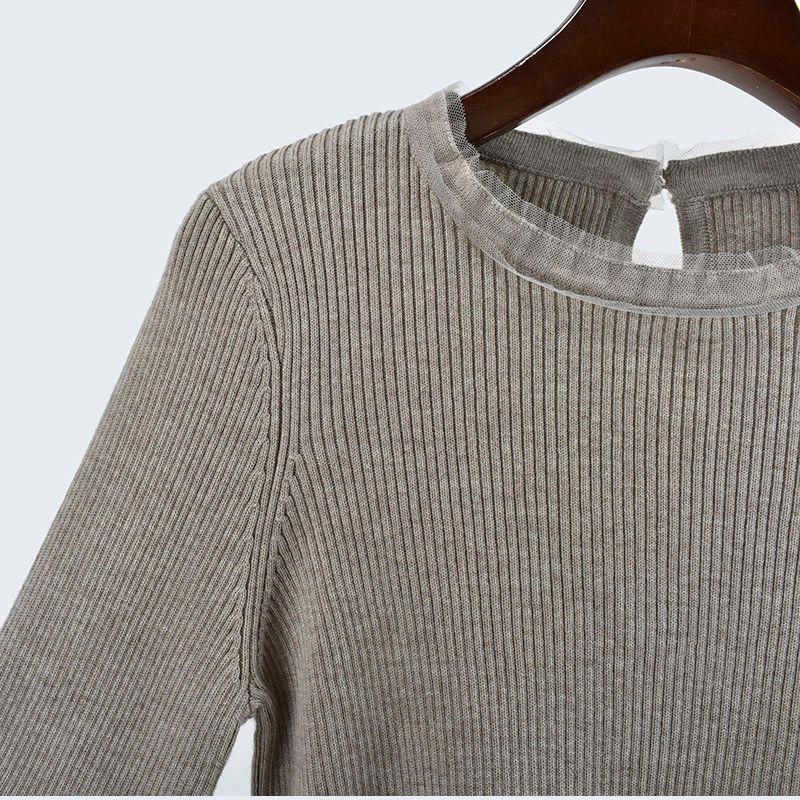 Export Cut Label Autumn Short Long Sleeves Knitting Sweater Soft Stretch Pullover Tops Lace Patchwork Women's Bottoming Shirt
