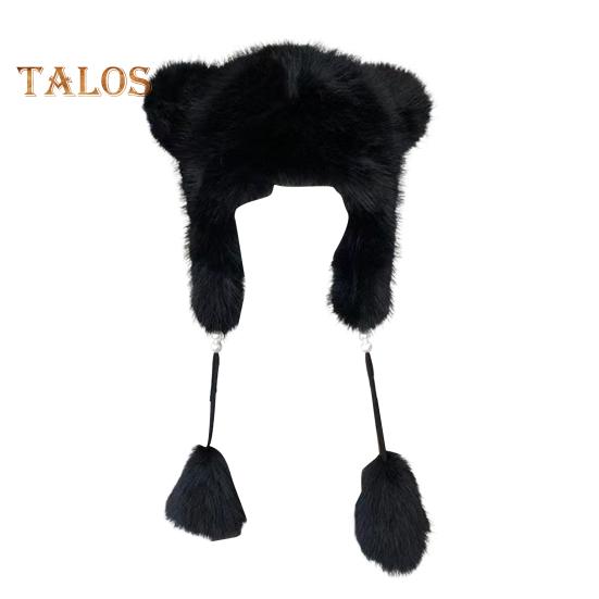 

Женская зимняя шапка из толстого плюша с декором для ушей, двухслойная утолщенная однотонная плюшевая шапка с декором в виде мяча, защищающая уши от ветра для катания на лыжах и сноуборде чёрный