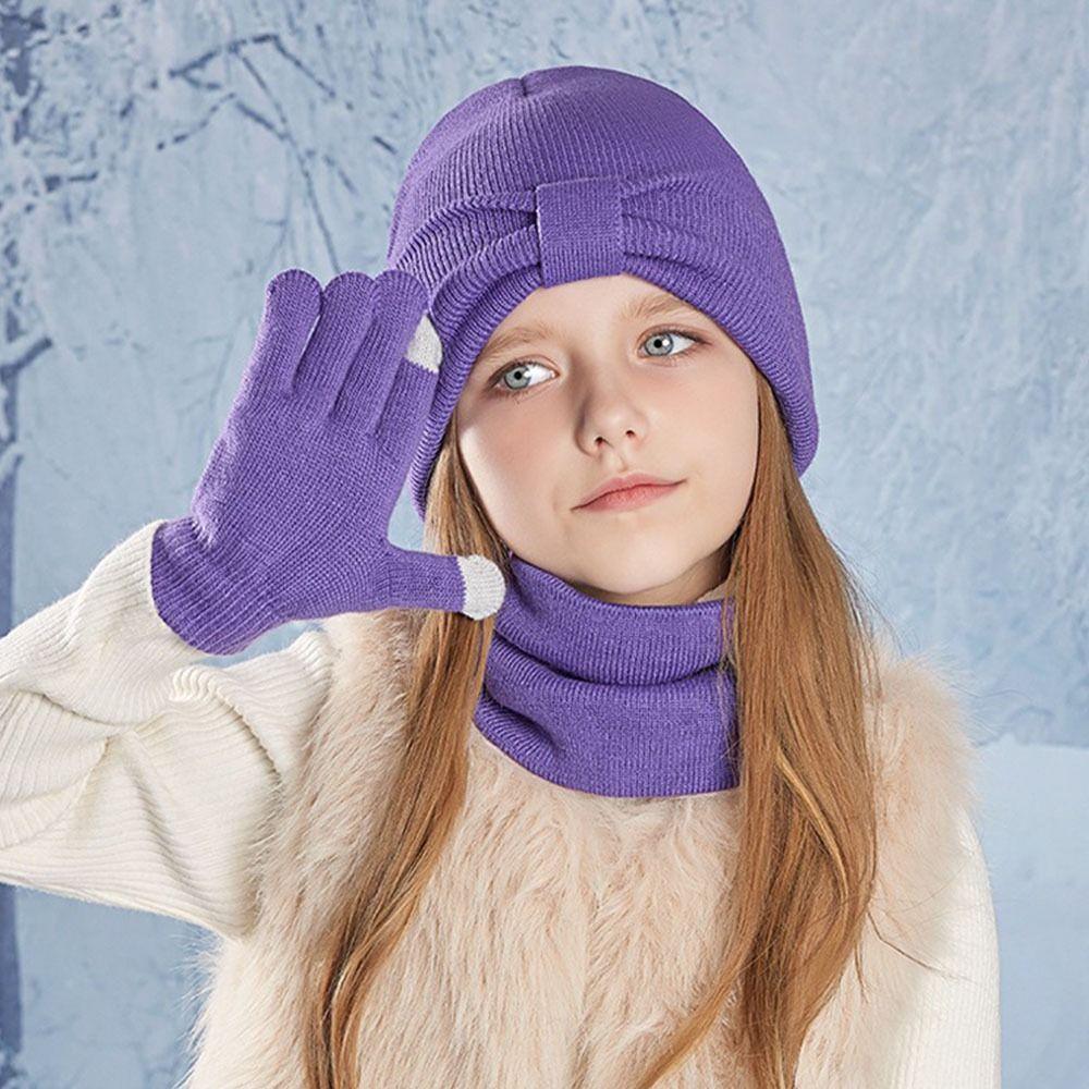 3Pcs/Set Solid Color Children Hat Scarfs Gloves Set Windproof Winter Kids Beanie Gift Set