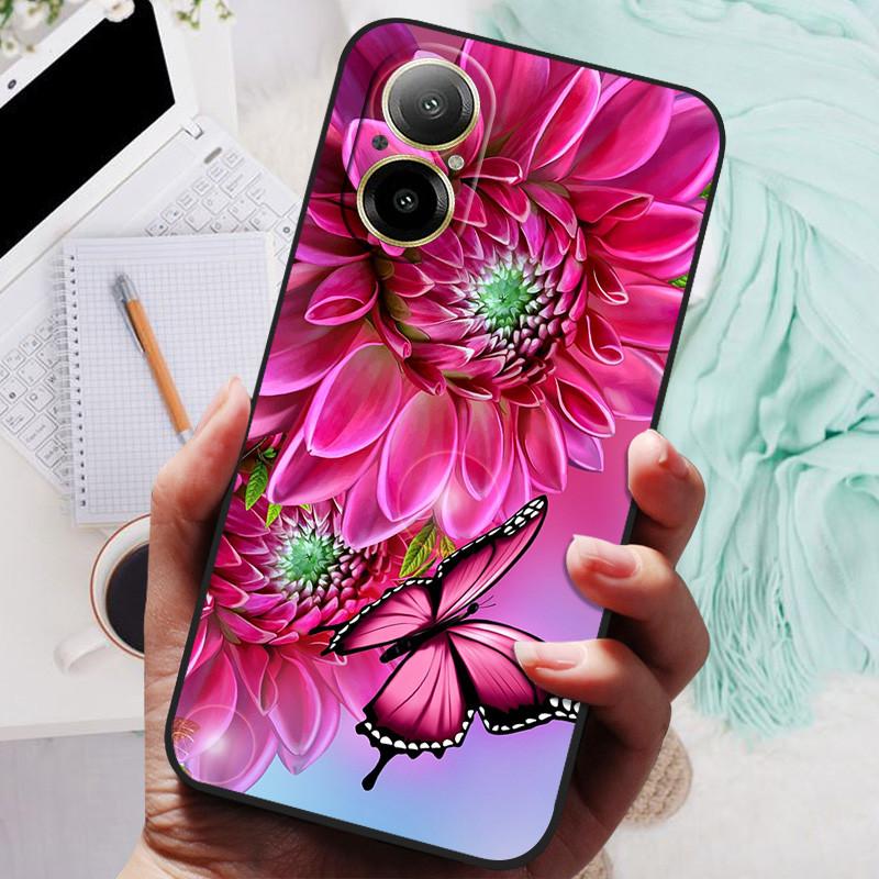 Für Realme C67 4G Hülle RMX3890 Beliebte Blumengemalte Abdeckung Silikon Handyhülle Für Realme C67 C 67 RealmeC67 4G Weiche Taschen Schwarz