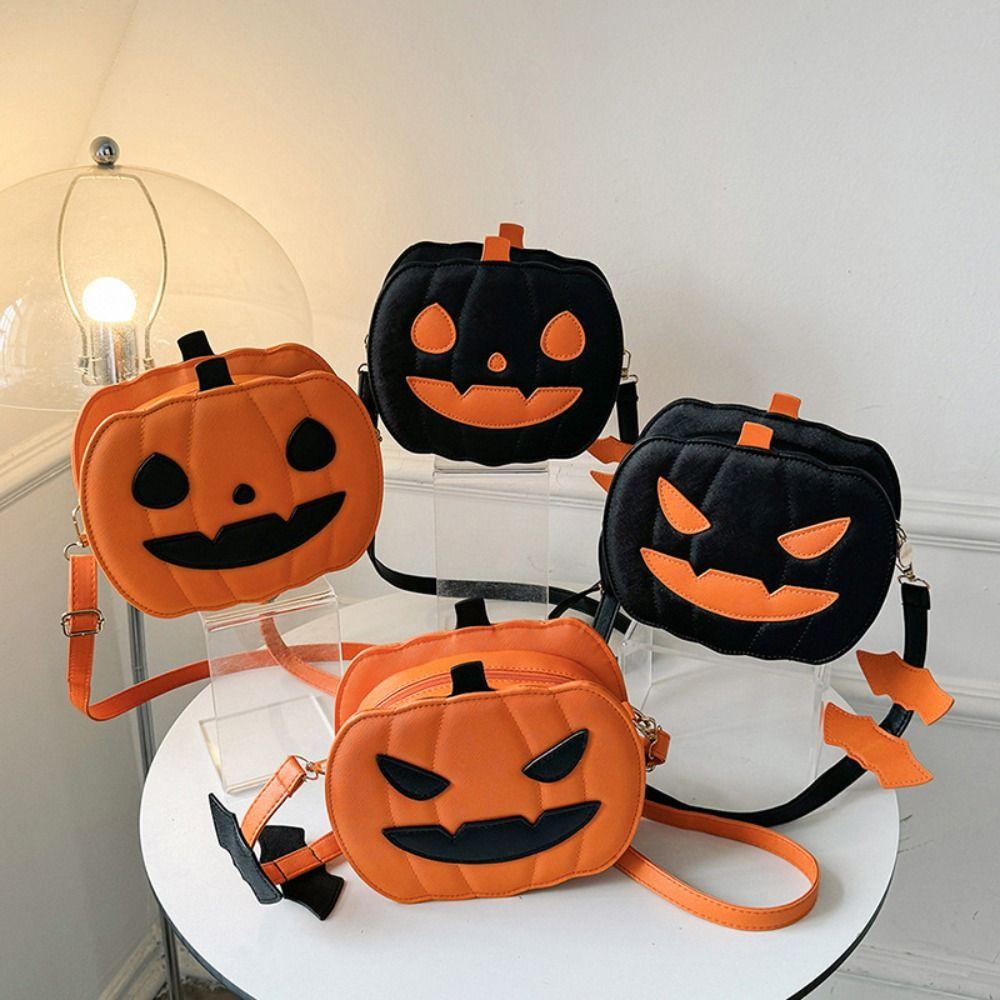 Message Bag PU Leather Halloween Pumpkin Bag Large Capacity Funny Pumpkin Shoulder Bag Bat Square Crossbody Bag Halloween