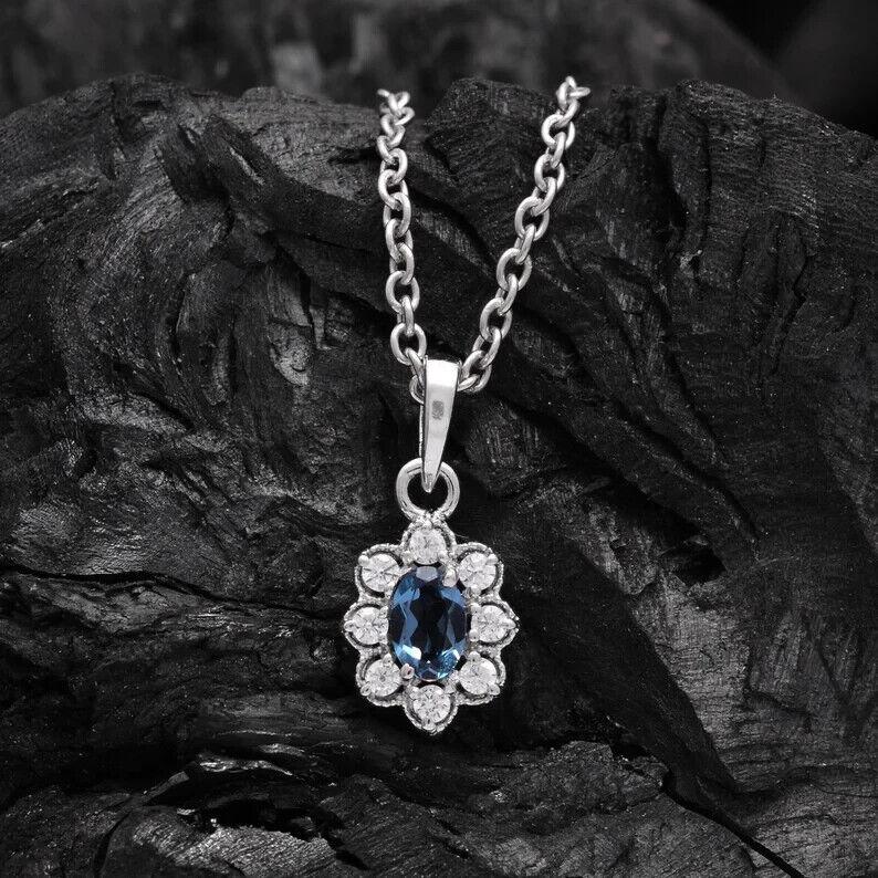 Certified Natural London Blue Topaz Gemstone 925 Sterling Silver Flower Pendant For WomeN