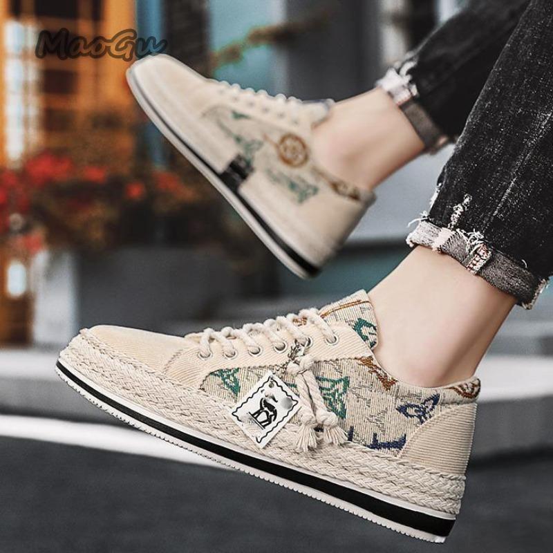 Fashion Comfortable Men's Woven Shoes Canvas Casual Loafers Slip On Tassel Decor Men Soft Sole Outwear Versatile Walking Sneakers 39-44