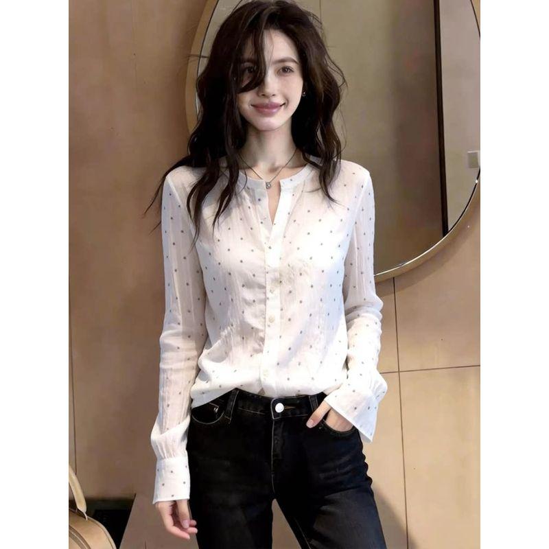 Super Stylish White Polka Dot Shirt with Stand Collar for Women, 2026 New Model, High-End Niche Sun-Protective V-Neck Babydoll Top