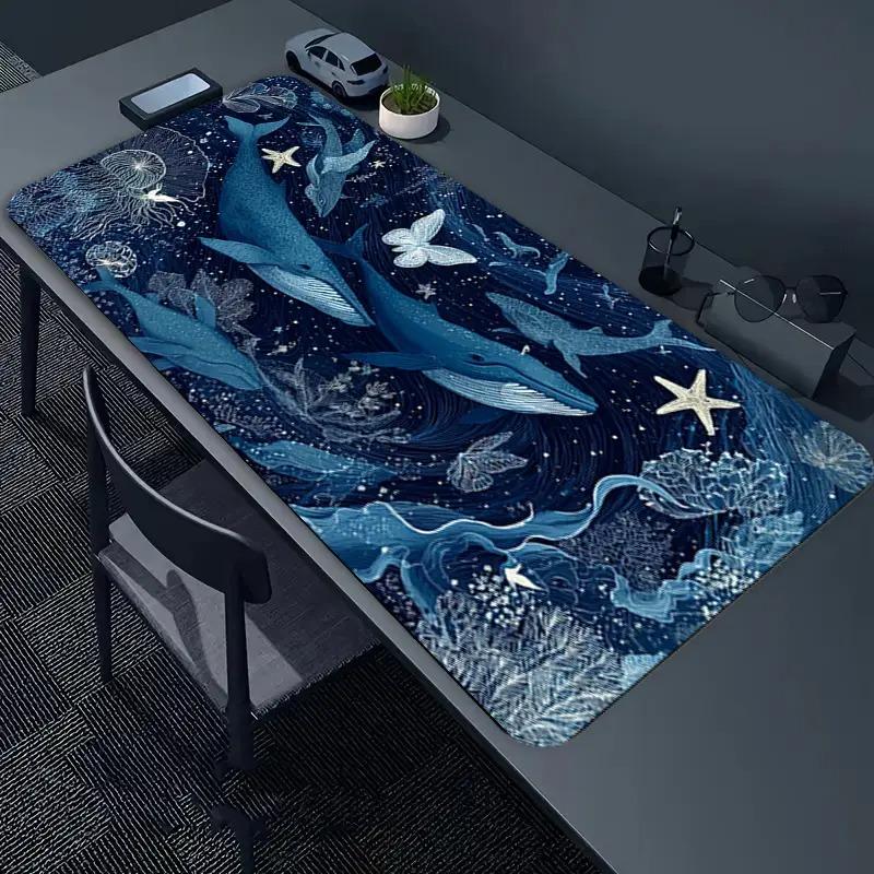 Abyssal Whale Gaming Desk Mat Deep Blue Marine Life Print With Starfish Jellyfish NonSlip Full Coverage For PcGaming Setup