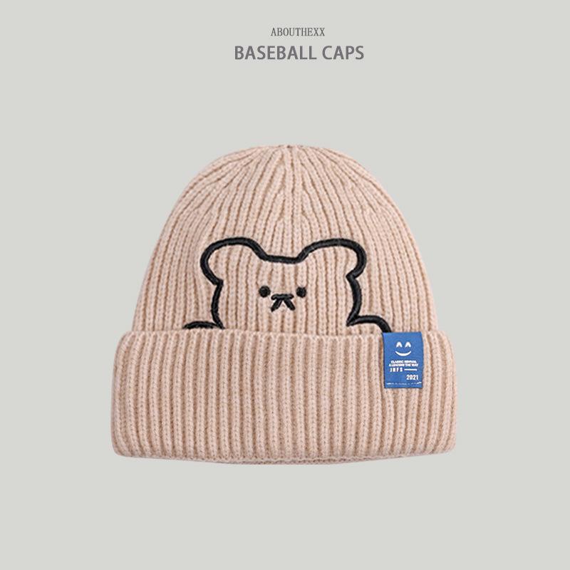 Hats for Women's Autumn and Winter New Bear Embroidered Knitted Hat Korean Style Versatile Wool Hat Couple Smiling Cloth Label Cold Hat Men