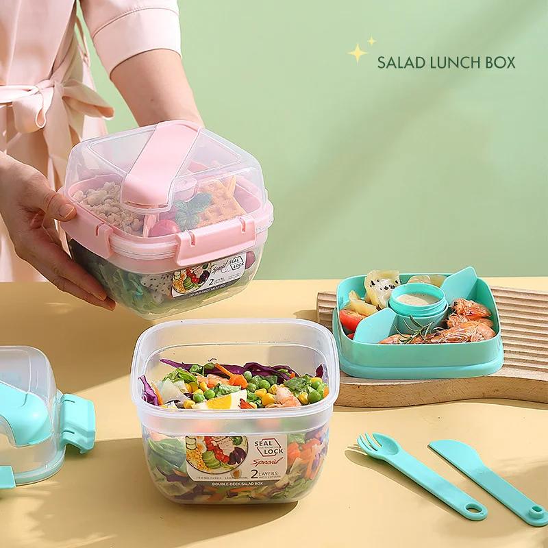 Portable 2 Layer Salad Bowls with Fork 1300ml/1600ml Lunch Box Sealed Leakproof Bento Boxes Reusable Picnic Box Food Container