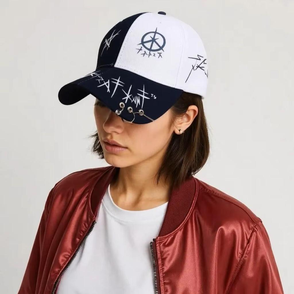Baseball Cap Hat Grey Black Letter Graffiti Print Iron Ring Spring Summer Autumn Punk Hip hop Rock Adjustable Unisex Men Women Outdoor Casual Cotton