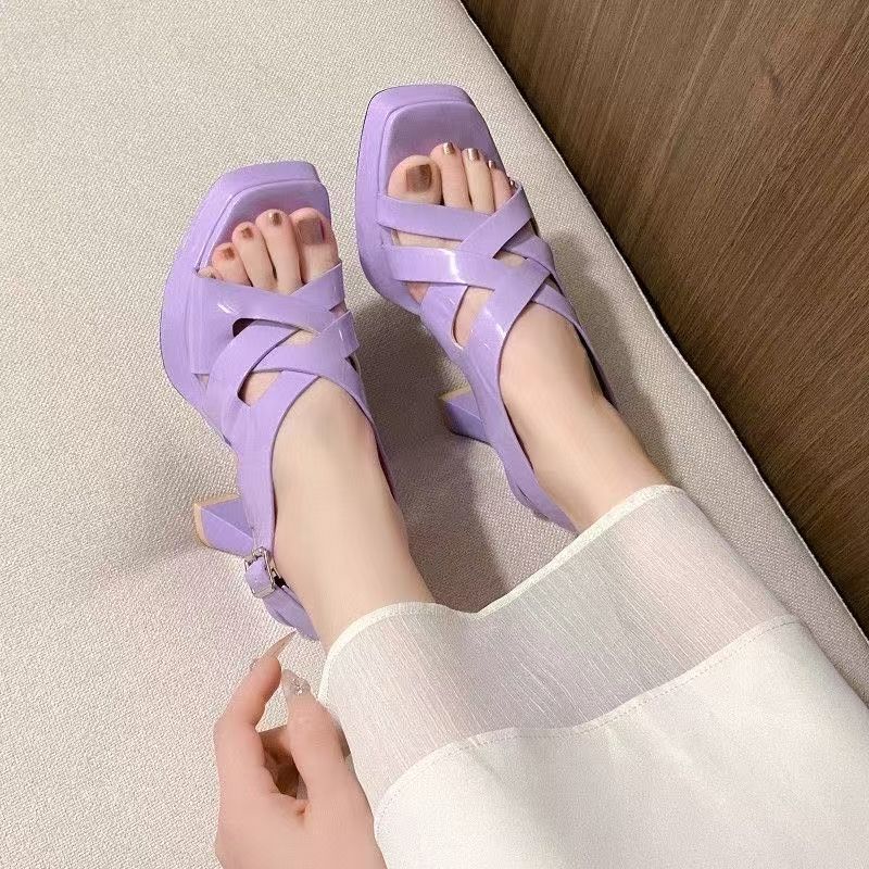 New Cut-out Sandals for Summer 2025 Women's Patent Leather Square Toe Thick Heel Fashionable Platform Women's High Heels