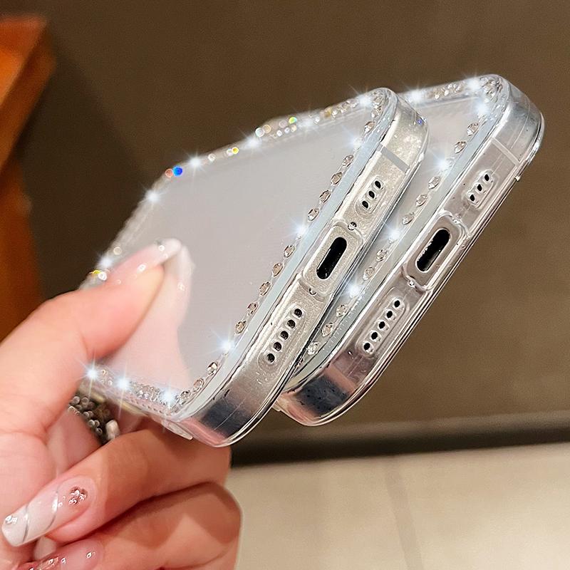 Diamond Frame Clear Phone Case For iPhone 16E 16 Pro Max 15 Pro 14 13 12 11 Whale Turtle Pattern Soft Silicone Shockproof Cover