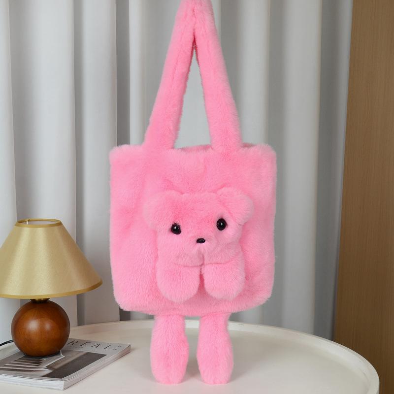 New Plush Doll Shoulder Bag Cute Niche Oblique Straddle Women's Bag Imitation Mink Hair Contrasting Color Bear Doll Tote Bag