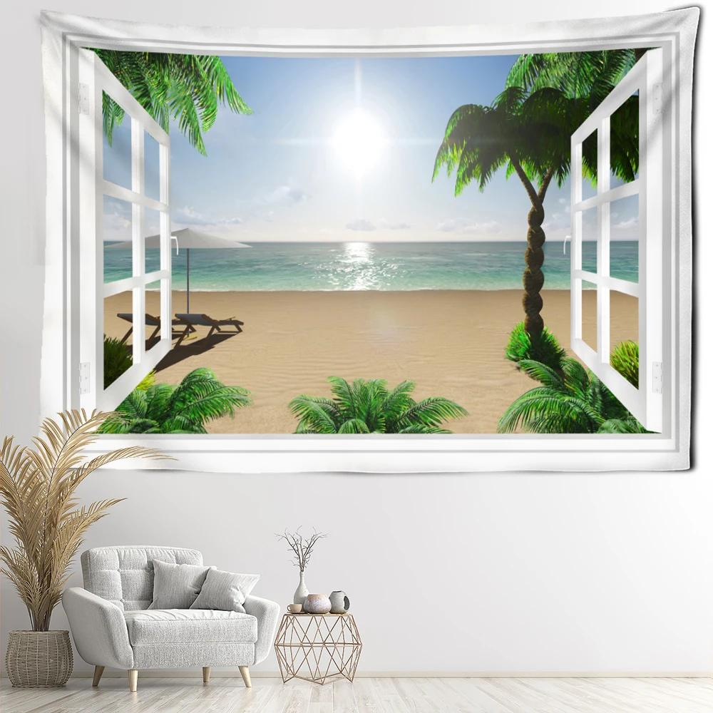 Coconut Tree Beach Scenic Tapestry Wall Hanging Bohemian Imitation Window Natural Art  Hippie Bedroom Living Room Home Decor