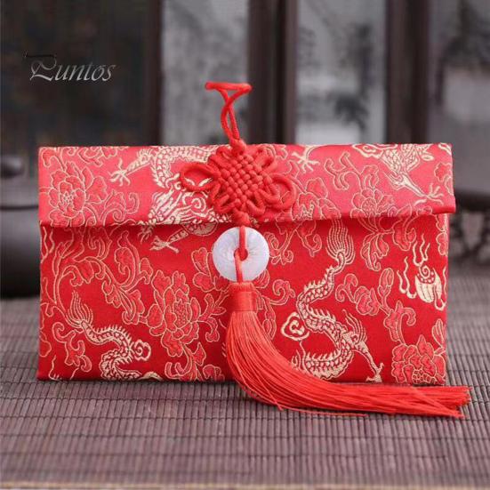 Faux Silk Red Envelope Chinese Wedding Red Pocket Lucky Money Hongbao Card Cash Envelope with Chinese Knot for New Year Spring Festival Wedding