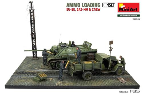 Miniart 1/35 Scale Soviet Ammunition Loading Big Set: SU-85 Self-Propelled Gun, GAZ-MM Medium Truck, and 6 Crew Members, Plastic Model Kit MA36071