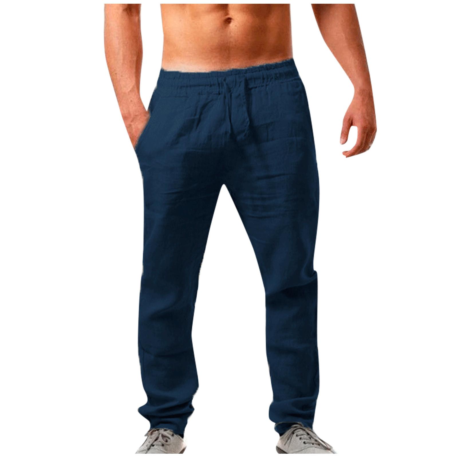 

(Куниде) Мужские свободные повседневные однотонные хлопковые льняные брюки с эластичной завязкой, прямые брюки XL тёмно-синий