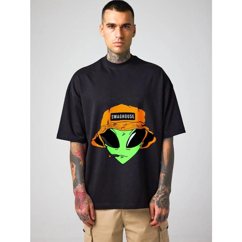 

Белая футболка Инопланетянин в панаме и с текстом Swaghouse Принт Человечество Повседневная уличная мода для мужчин и женщин XXXXL чёрный