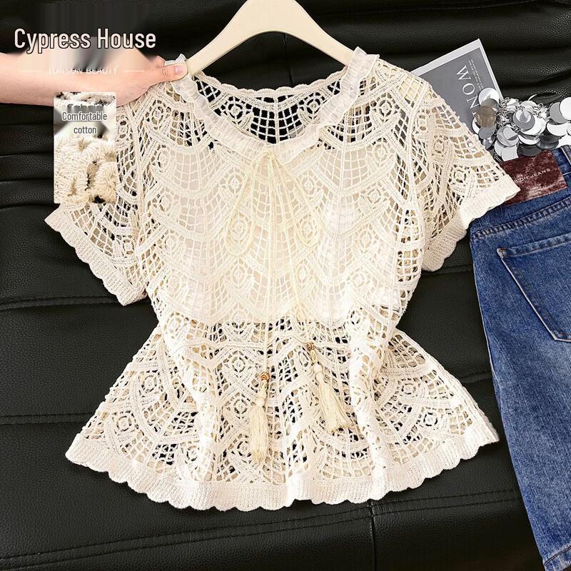 Women s Pure Cotton Hollow Short Sleeve Knit Top One Size абрикосовый