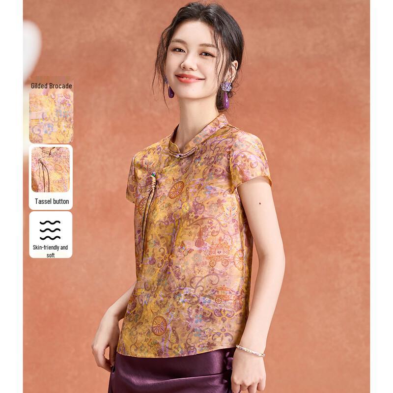 New Chinese Style Floral Print Stand Collar Short Sleeve Blouse 2XL оранжевый