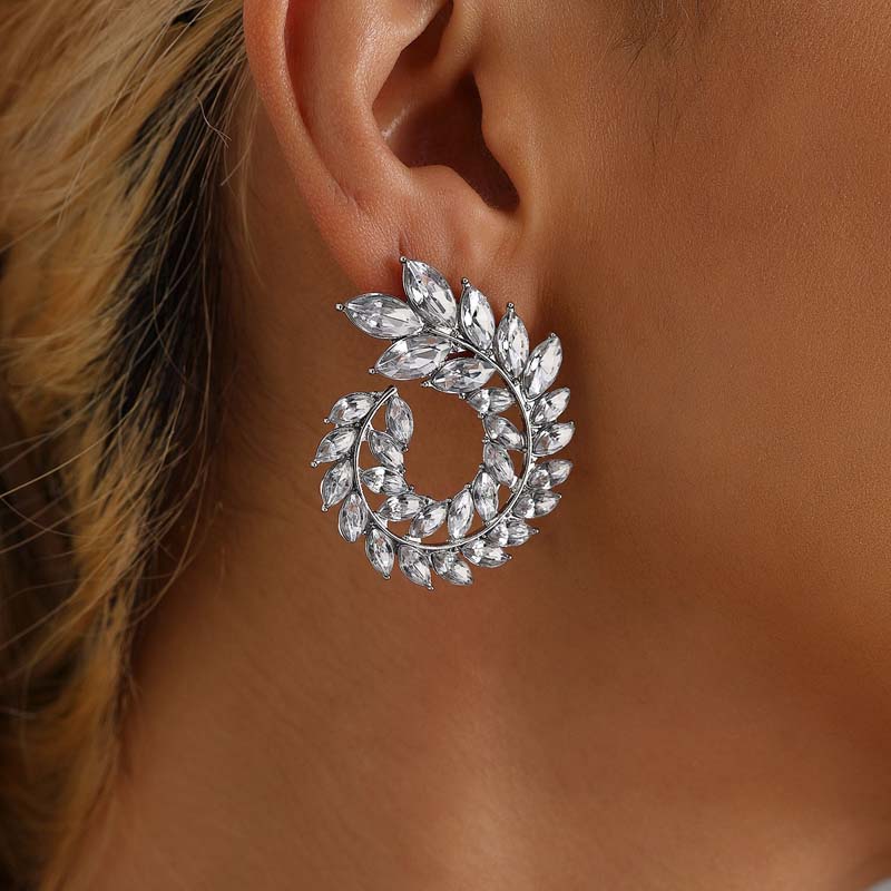 Luxury Full Rhinestone Leaf Stud Earrings For Women Exaggerated Big Circle Round Statement Earrings Wedding Jewelry Gift
