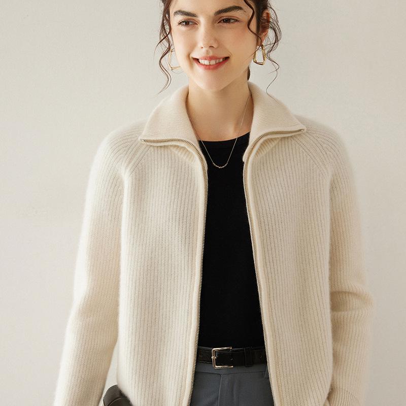 2024 Autumn/Winter Women's Long Sleeve Cashmere Knit Cardigan - Loose Fit Zipper Retro Fashion Jacket