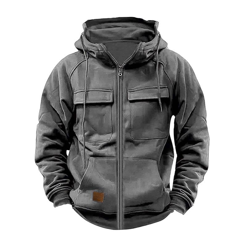 Men S Hooded Solid Color Loose Fit Multi Pocket Zip Sweatshirt