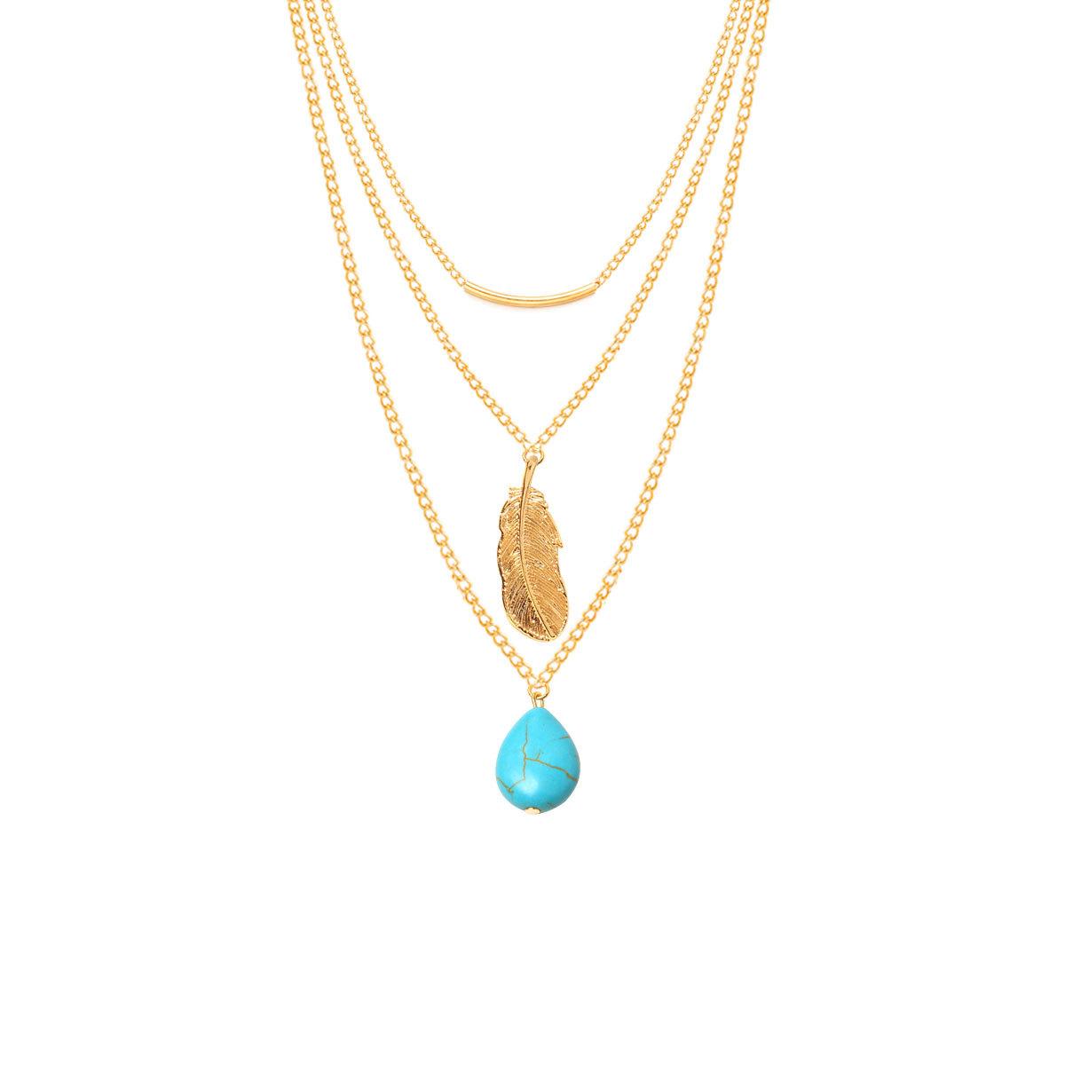 New necklace, lasso turquoise bead big leaf, versatile multi-layer necklace