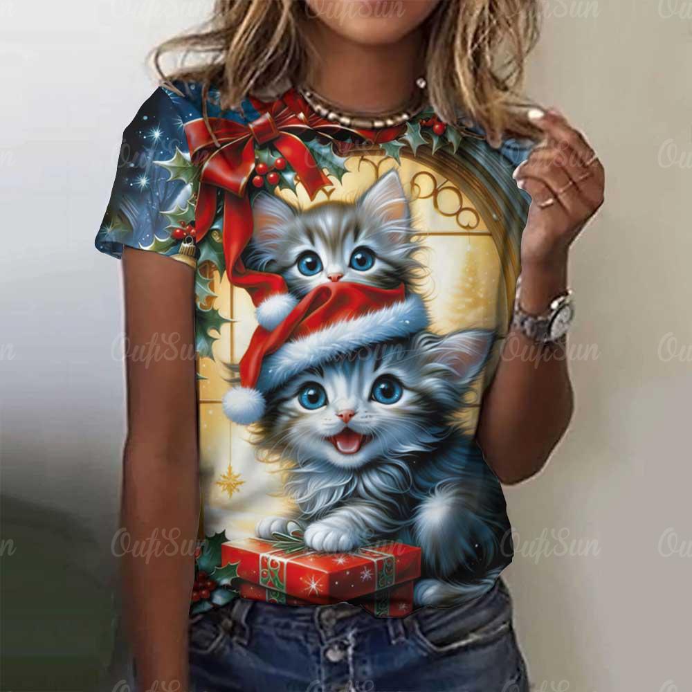 Damen Niedliches Katze Kurzarm T-Shirt Weihnachten Tiere Aufdruck Rundhals T-Shirt 2024 Mode Kleidung Sommer Lässig Oversize