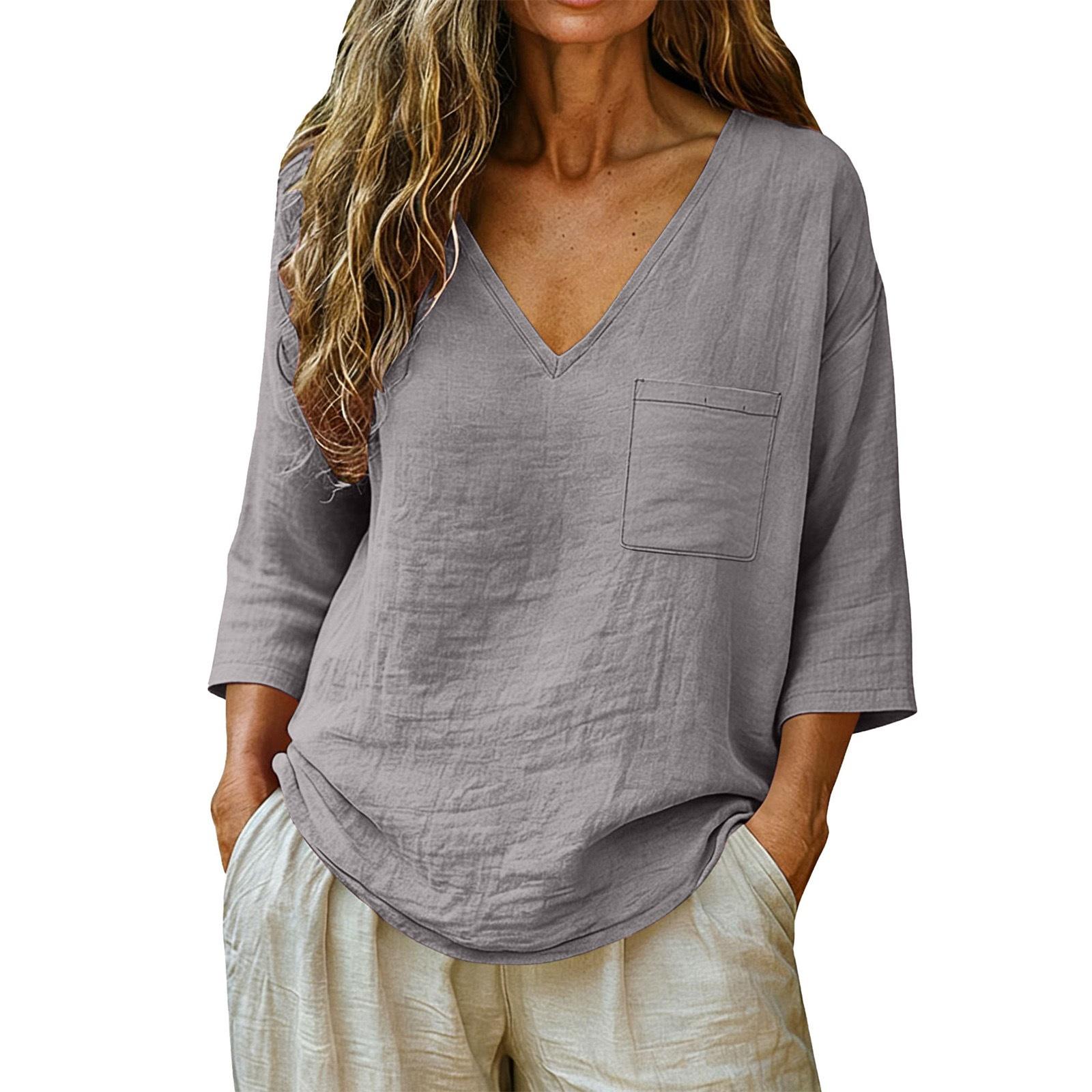 

Women s Fashionable Loose-Fit Cotton-Linen V-Neck Casual Pullover With 3/4 Sleeves M