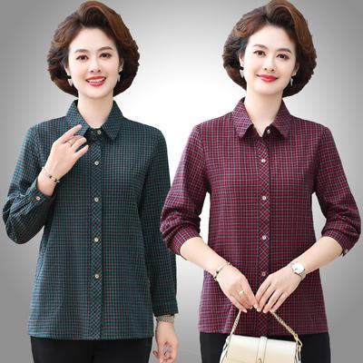 Middle-aged and Elderly Women's Spring and Autumn Tops Cotton Long-sleeved Shirts Women's Cotton Plaid Shirts