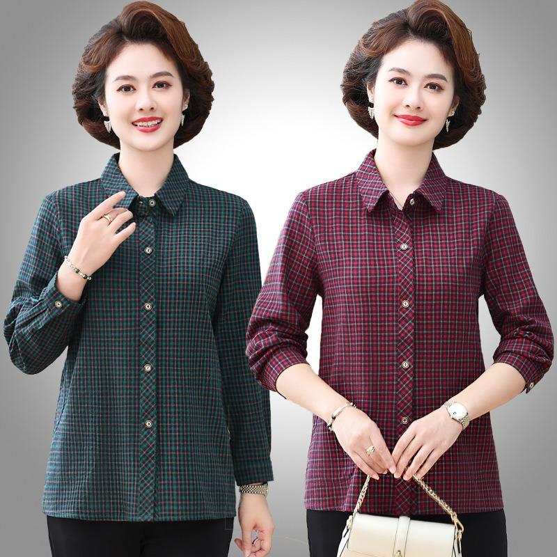 Middle-aged and Elderly Women's Spring and Autumn Tops Cotton Long-sleeved Shirts Women's Cotton Plaid Shirts