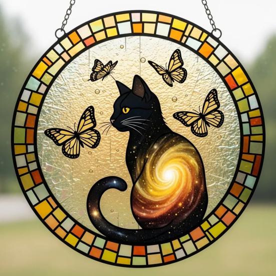 Katt Sommerfugl Solfanger Hengepynt Innendørs Utendørs Hjem Hage Vegg Vindu Henger Farget Glass Akryl Ornament Anheng Kjæledyrelskere Gaver