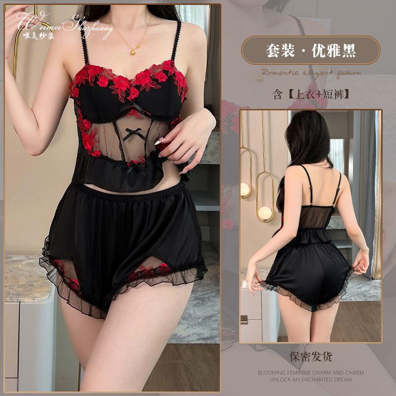

Beautiful yarn sexy flower shadow suit with chest pad suspender shorts suit perspective deep V suspender women M чёрный