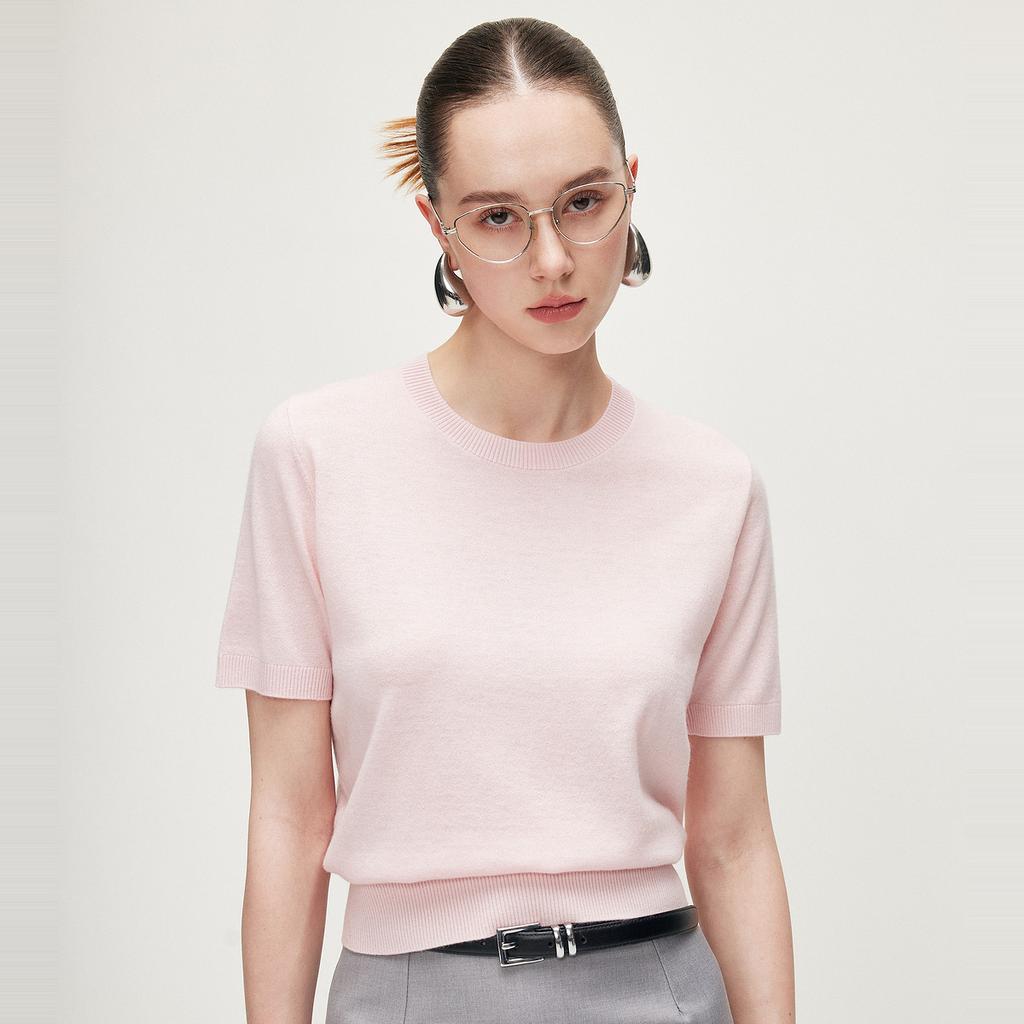 100% Sheepskin 26 Summer Round Neck Short Sleeve Simple, Elegant and Versatile Women's Knitted Shirt