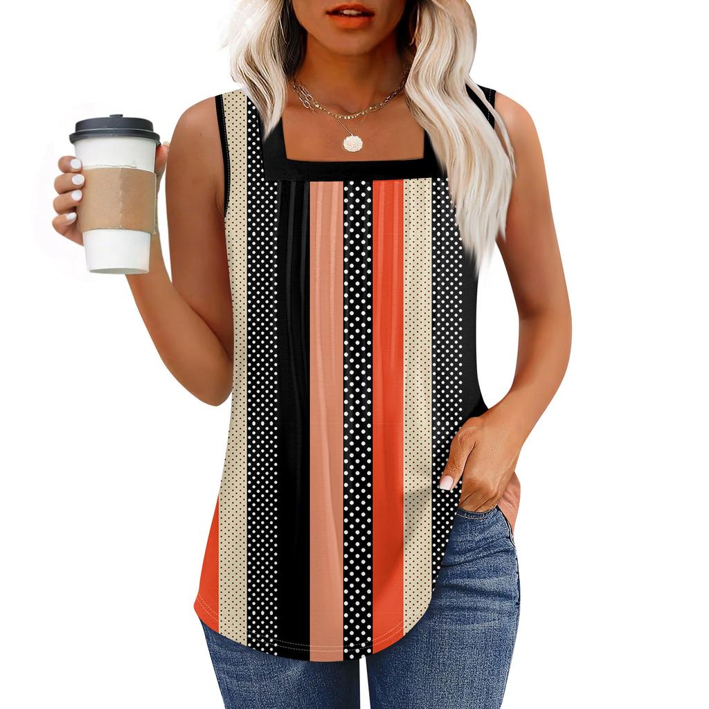Tank Top für Damen, Sommer-Outfits, ärmellos, bedruckt, Blusen, lässig, lockere Hemden, plissiert, quadratischer Hals
