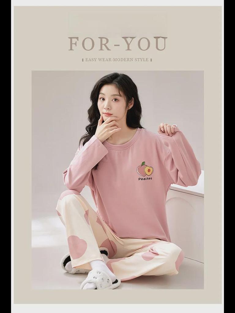 Women's Cartoon Long-Sleeve Pajamas with Chest Pads - Lightweight Home Loungewear for Autumn and Spring