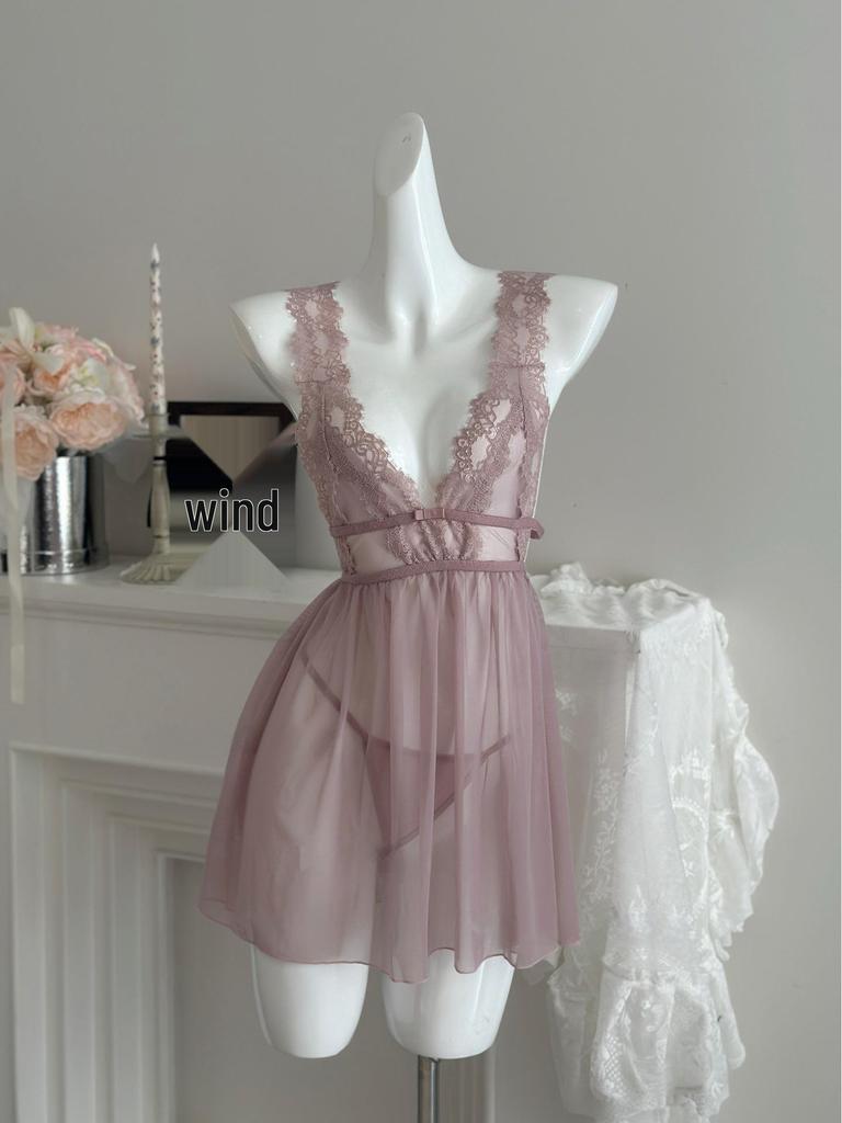 Elegantes tief ausgeschnittenes rückenfreies Spitzen-Netz-Nachthemd - Transparentes Camisole-Dessous für Damen