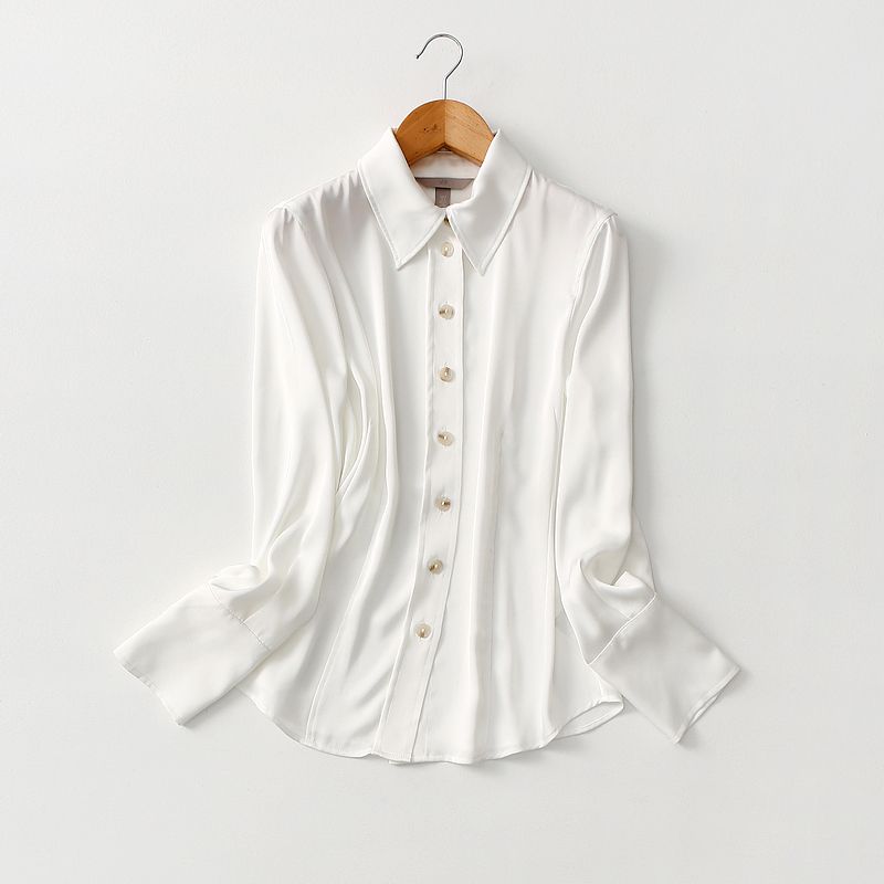 

Recommend ~ Export Pure Yuan Pure Color Minimalist Ol Waist-Tight Satin Chiffon Shirt Women s Long Sleeve Tops Professional Commute White Eurocode-XL