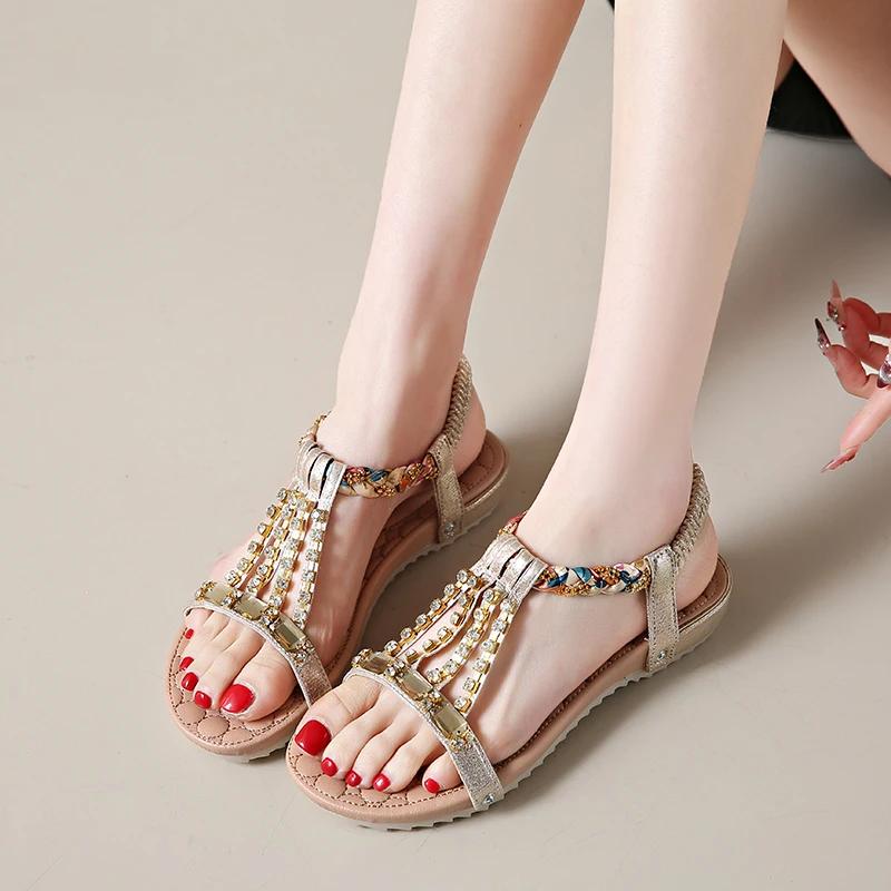 Fashion Women's Shoes 2025 Elastic Band Women's Sandals Rhinestones Round Toe Low Heel Shoes Female Casual Mixed Colors Sandals Women