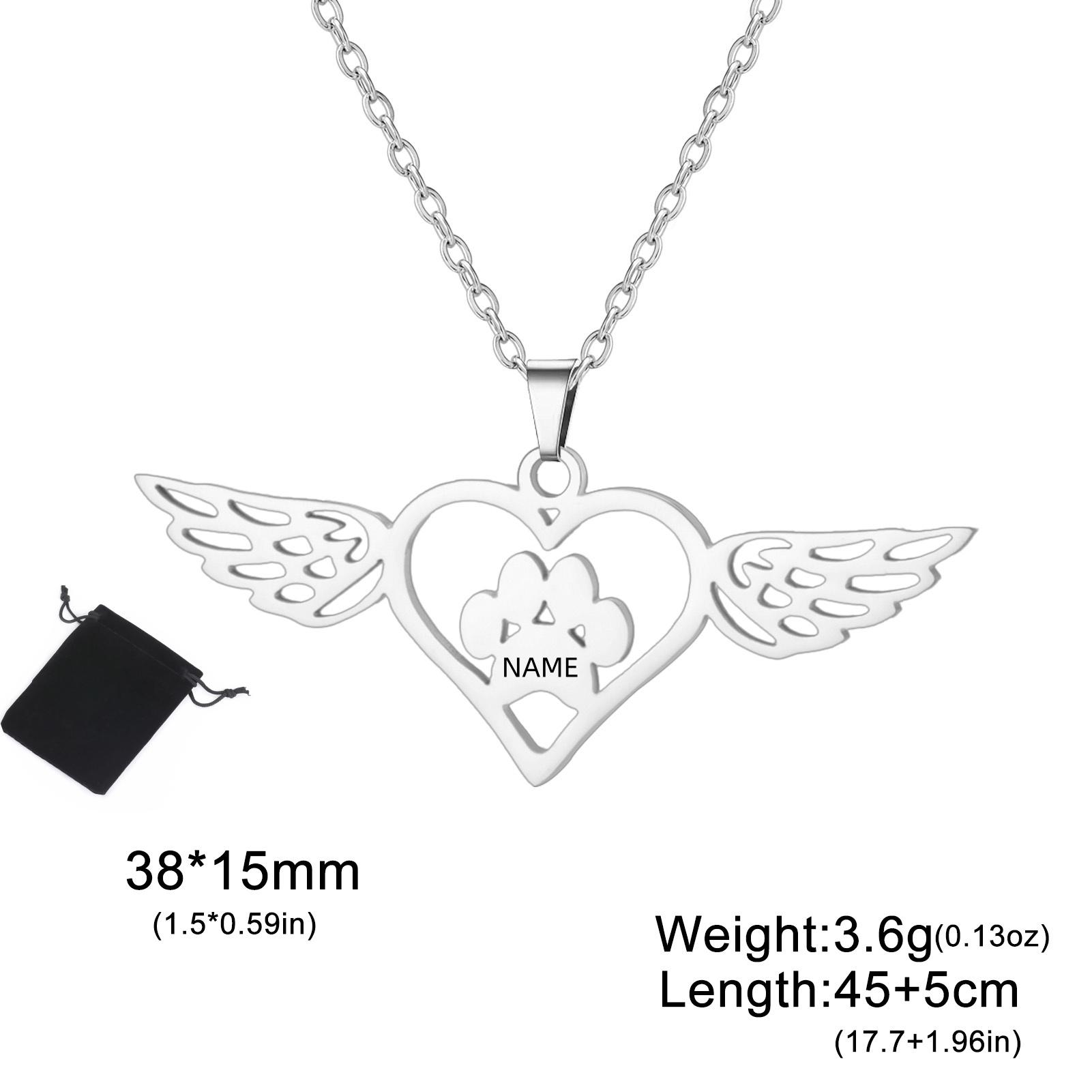 Customized Name Dog Claw Love Angel Wing Necklace Stainless Steel Personalized Dog Cat Claw Footprint Wings Jewelry Gift 45-50cm